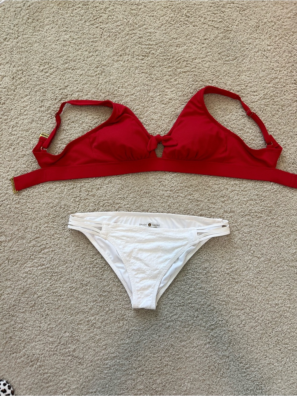 Shade & Shore Coral Knot-Front Bikini Top with White Side-Strap Bottoms